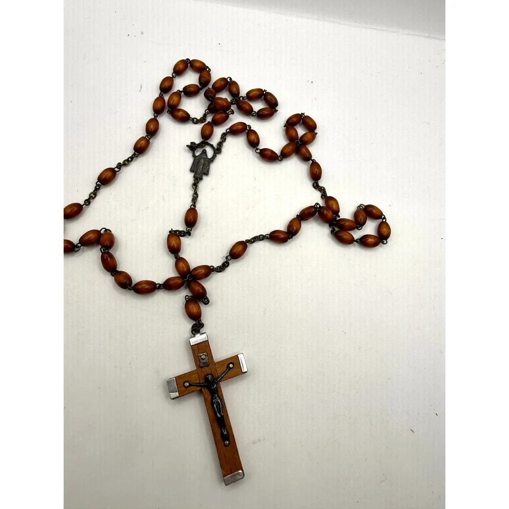 Vintage Missionhurst Wood Bead Rosary Catholic Crucifix Silver Tone Jesus Cross